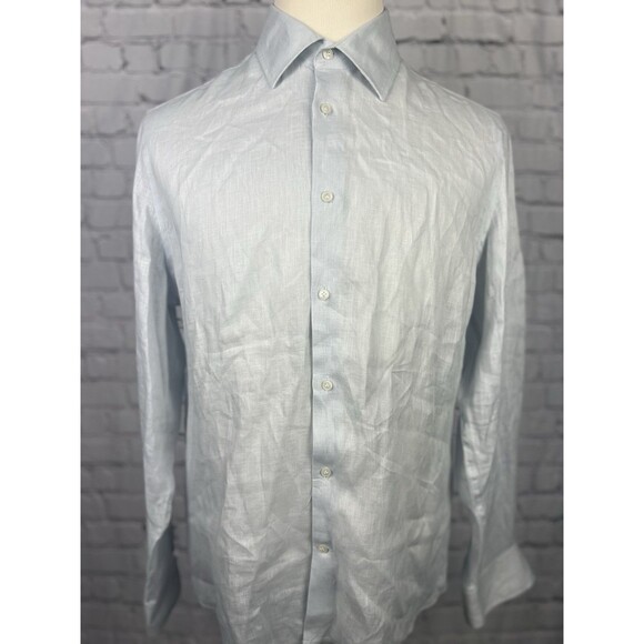 MNG 100%Linen Mens Medium Regular Fit Long Sleeve Button Up Shirt Light Blue - Picture 2 of 8